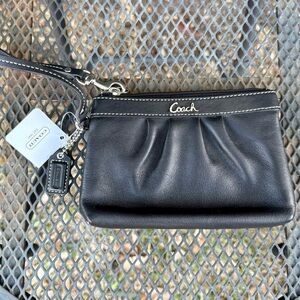 Coach Black Leather Wristlet with Silver Accents